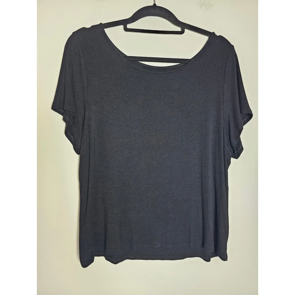 Minimalist American Eagle Soft & Sexy Ribbed Tee Womens XXL Black Flutter Sleeve